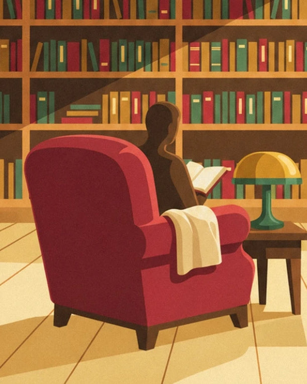 Le lecteur dans son fauteuil rouge, livre ouvert, près d'une lampe dorée