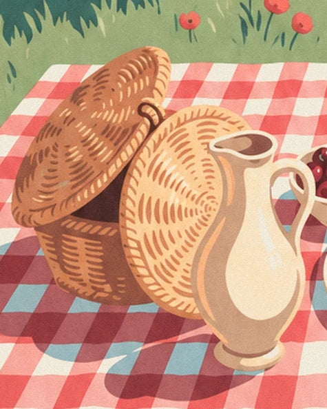 Le panier en osier ouvert et le pichet crème sur la nappe à carreaux rouges