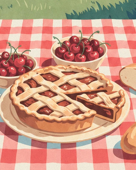 La tarte dorée aux croisillons et les bols de cerises sur la nappe à carreaux
