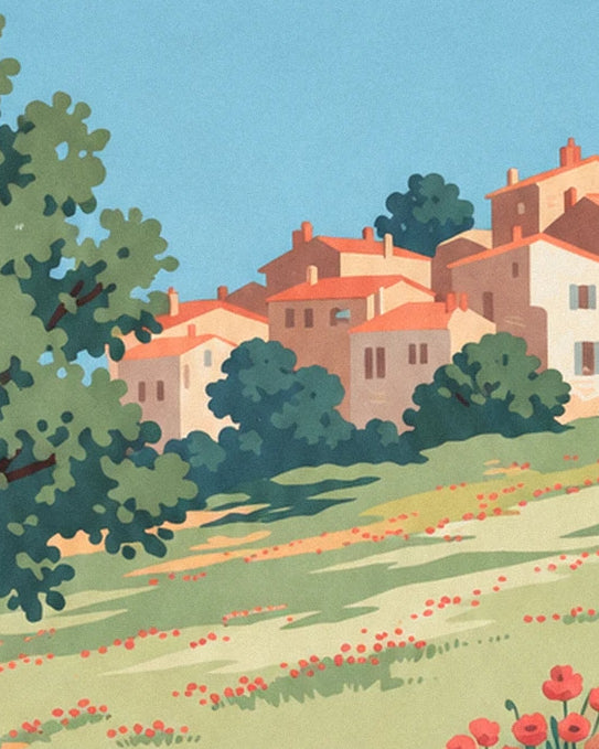 Les maisons aux toits orangés derrière les arbres et la prairie fleurie