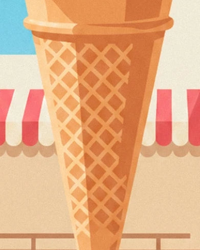 Le cornet de glace quadrillé devant un store à rayures rouges et blanches