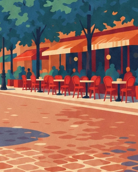 La terrasse de café sous ses auvents orange, avec 6 chaises rouges et des tables rondes sur le pavé