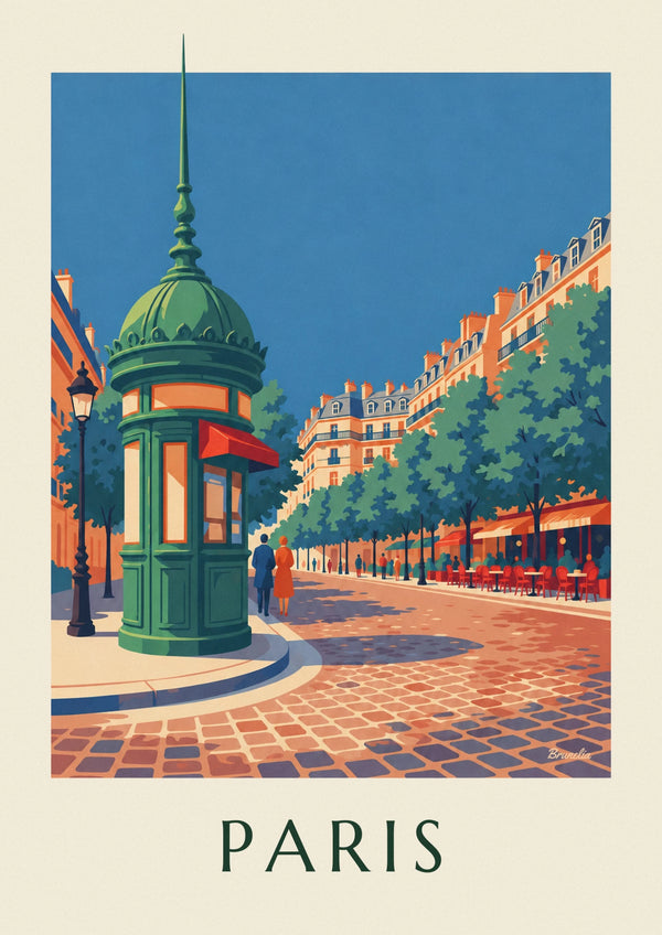 Affiche kiosque à journaux sur un boulevard parisien