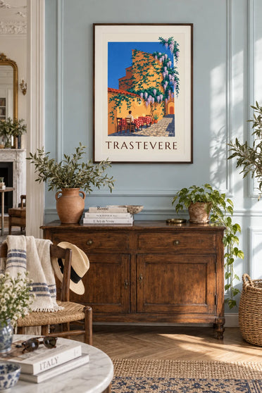 Affiche terrasse de trattoria dans le Trastevere à Rome : encadrée au mur