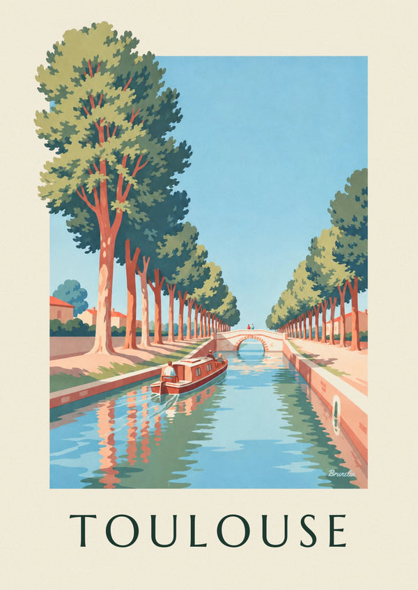 Affiche bateau sur le canal du Midi bordé de platanes à Toulouse