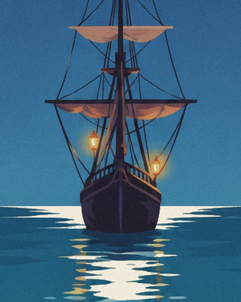 Le galion vu de face, ses 2 lanternes allumées et leurs reflets dorés sur la mer bleue
