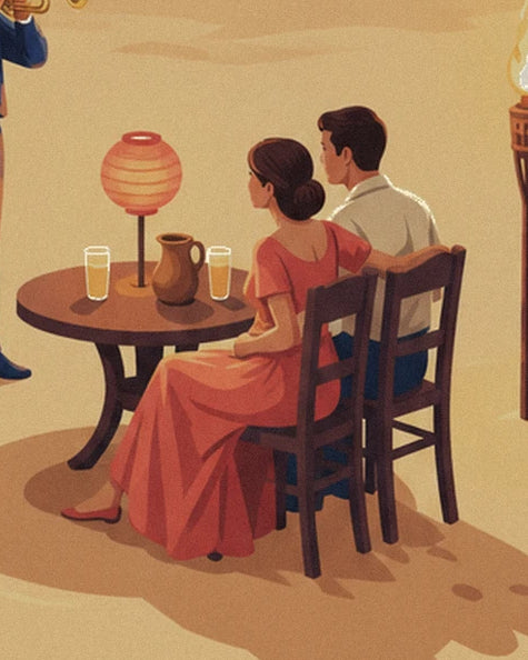 Le couple face à la mer, autour d’une table avec une lanterne orange, un pichet et 2 verres
