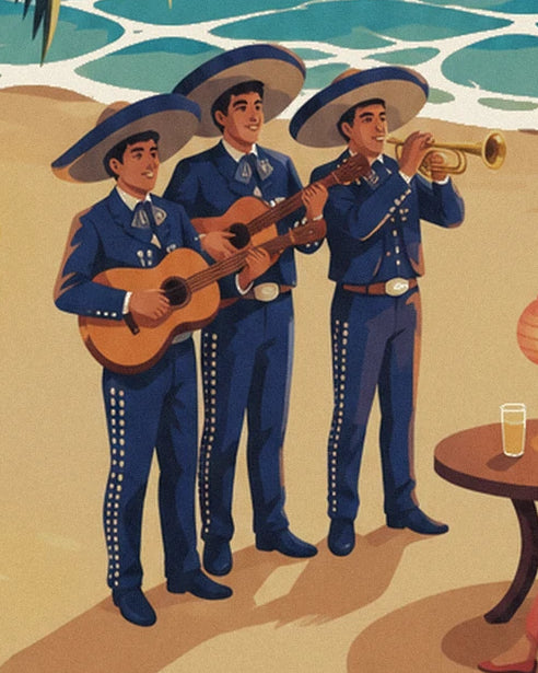 Les 3 mariachis en costume bleu et sombrero, avec 2 guitares et une trompette sur la plage