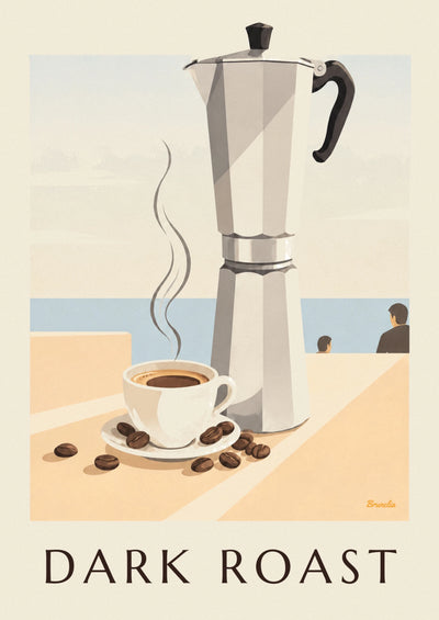 Affiche tasse d’expresso, grains de café torréfiés et cafetière : l'affiche entière