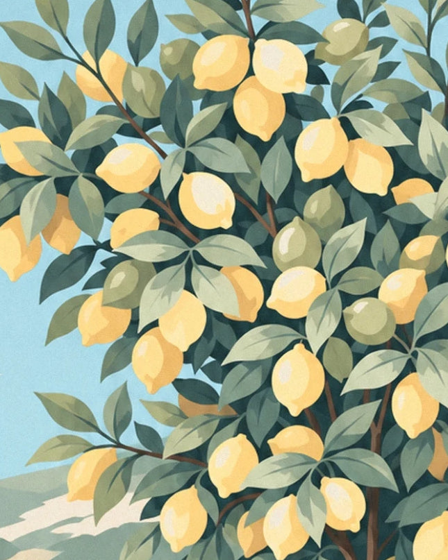 Les citrons mûrs et verts parmi les feuilles vert sombre, sur fond de ciel bleu clair