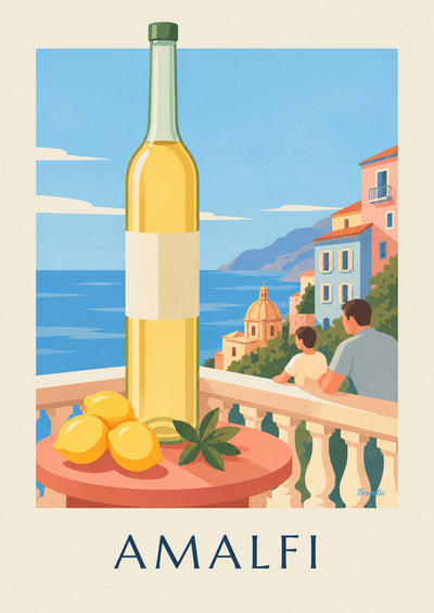 Affiche bouteille de limoncello et citrons sur la côte amalfitaine : l'affiche entière