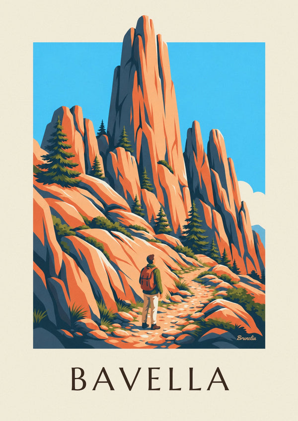 Affiche randonneur face aux aiguilles de Bavella en Corse