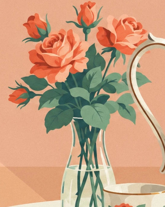 Le bouquet de roses orangées au feuillage vert dans un vase transparent
