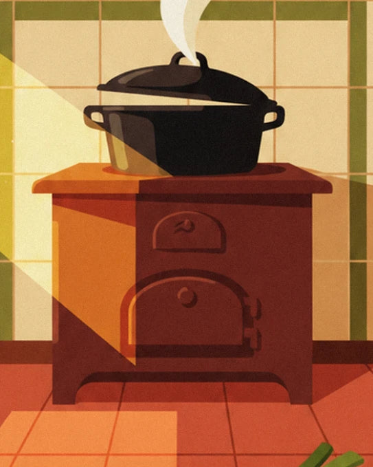 La marmite noire au couvercle entrouvert sur le fourneau rouge brique