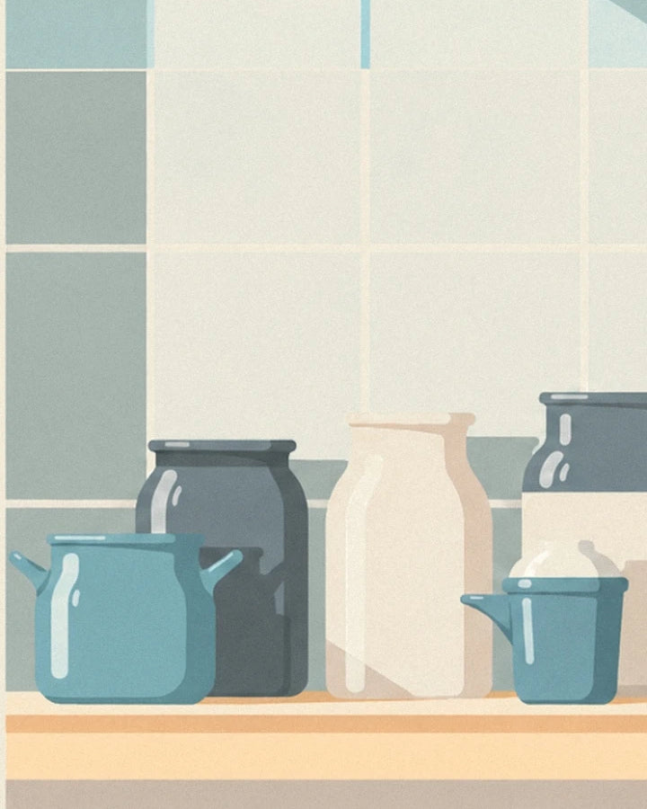 Pots en grès gris et bleu et bouteille de lait crème alignés sur le plan de travail