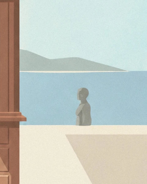 Le buste en pierre grise face à la mer bleue, au pied d'un montant de bois brun