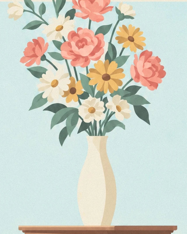 Le bouquet de pivoines roses et de marguerites jaunes dans son vase blanc crème