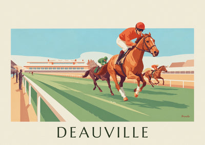 Affiche hippodrome de Deauville et chevaux au galop : l'affiche entière