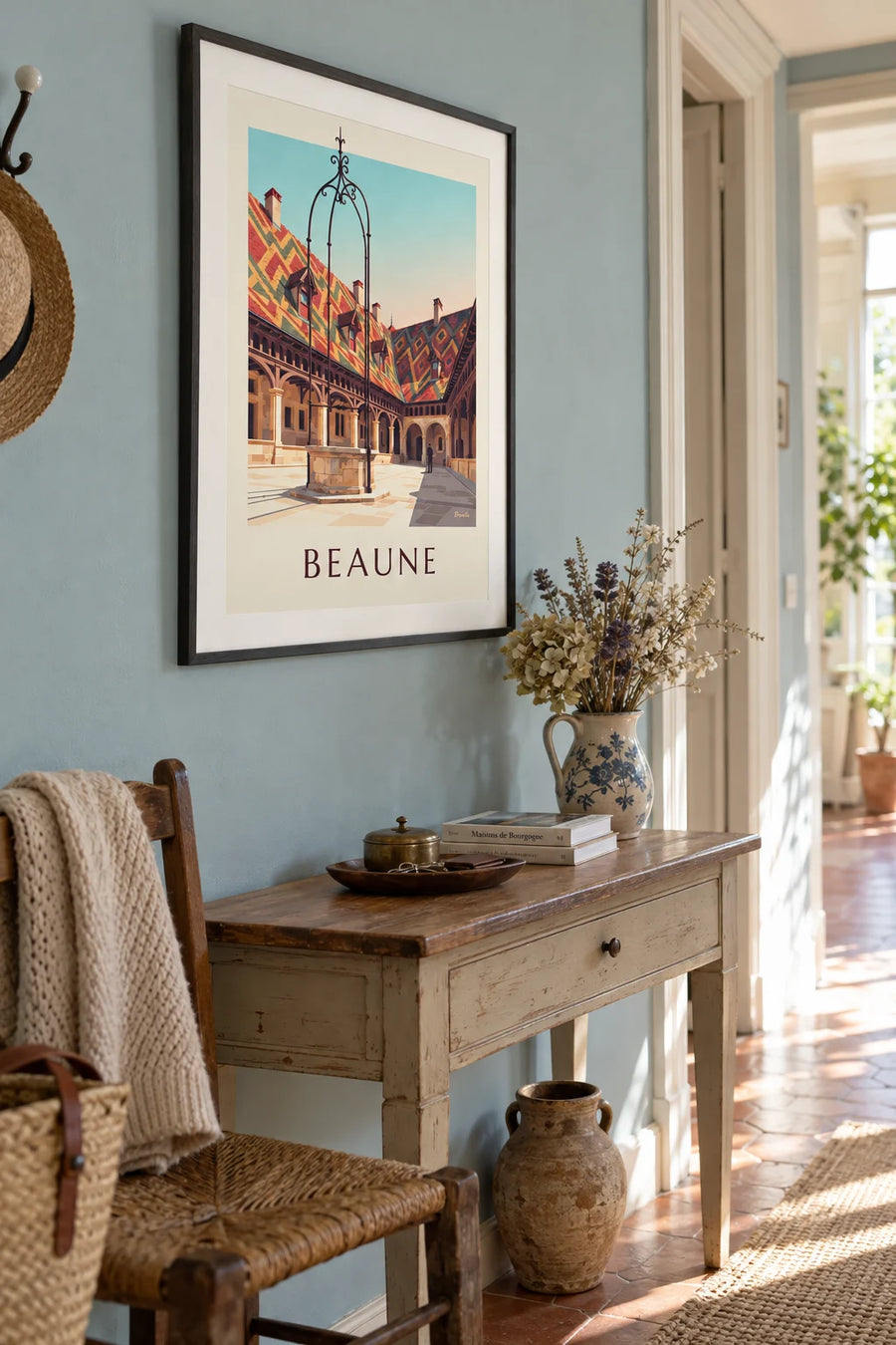 Affiche toits vernissés et puits des hospices de Beaune : encadrée au mur