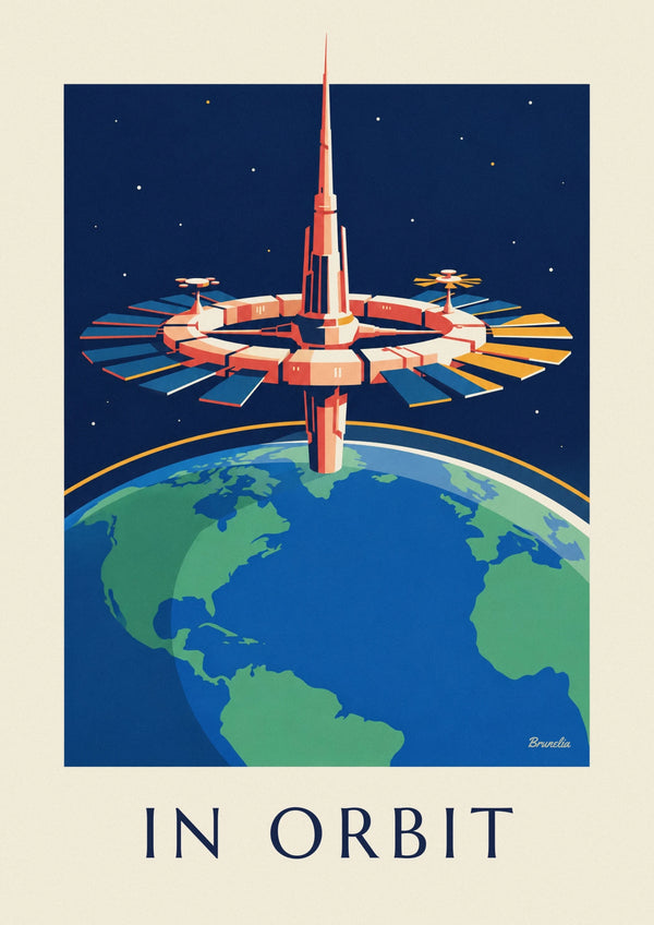 Póster de uma estação espacial em órbita à volta da Terra