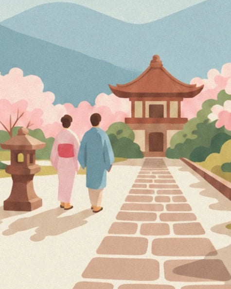 Les 2 promeneurs en kimono rose et bleu sur une allée dallée face au pavillon
