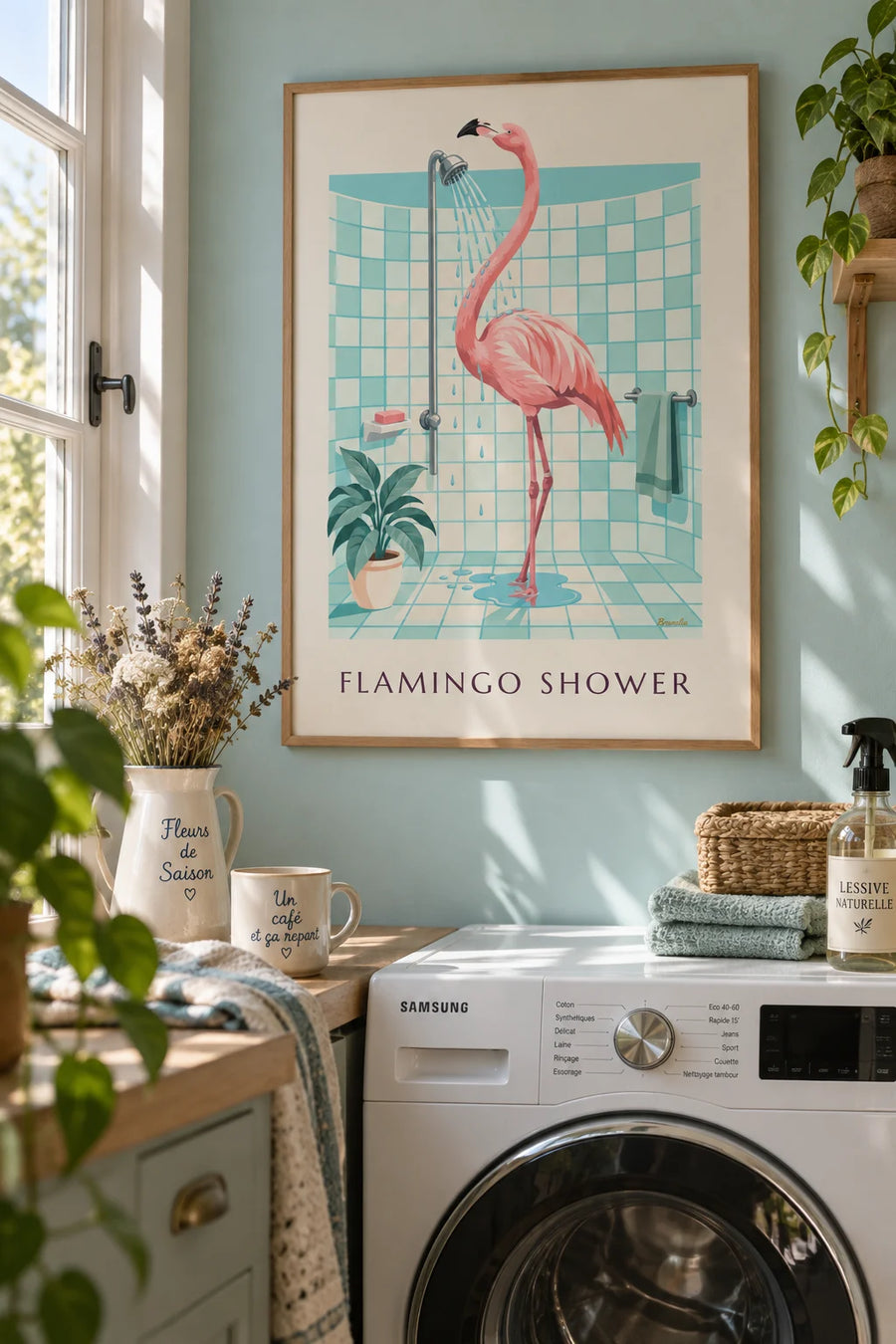 Affiche flamant rose sous la douche dans une salle de bain : encadrée au mur