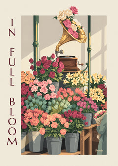 Affiche gramophone fleuri sur un étal de marché aux fleurs