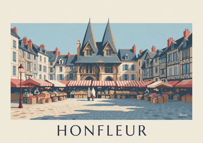 Affiche église Sainte-Catherine et place du marché à Honfleur : l'affiche entière