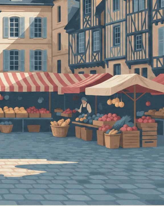 Étal de marché sous auvent rayé rouge et blanc, paniers de pain et cageots de pommes sur les pavés