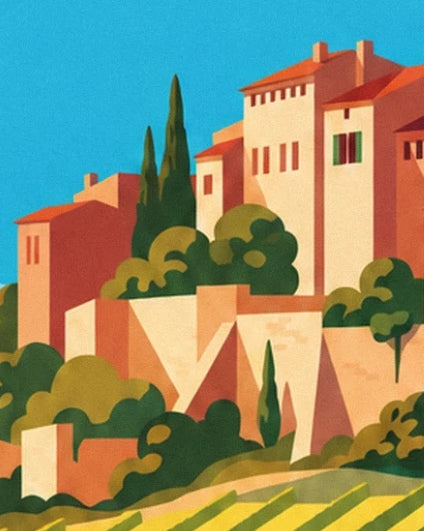 Les façades ocre et crème du village entre cyprès élancés et jardins verdoyants