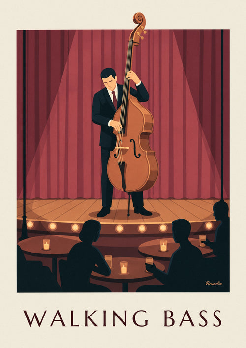 Affiche contrebassiste de jazz sur scène devant le rideau rouge : l'affiche entière