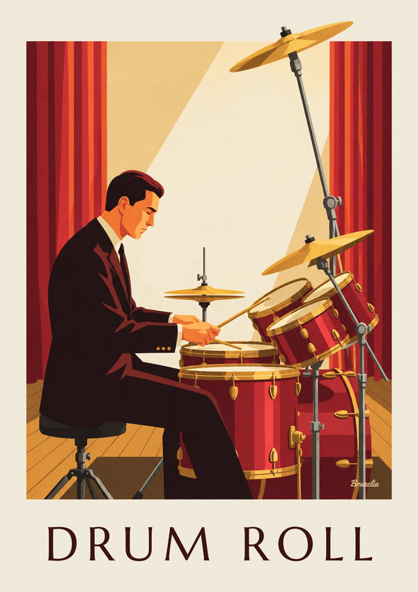 Affiche batteur de jazz en costume derrière sa batterie rouge