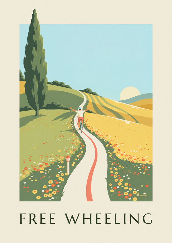 Affiche cycliste bras ouverts sur une route de collines fleuries