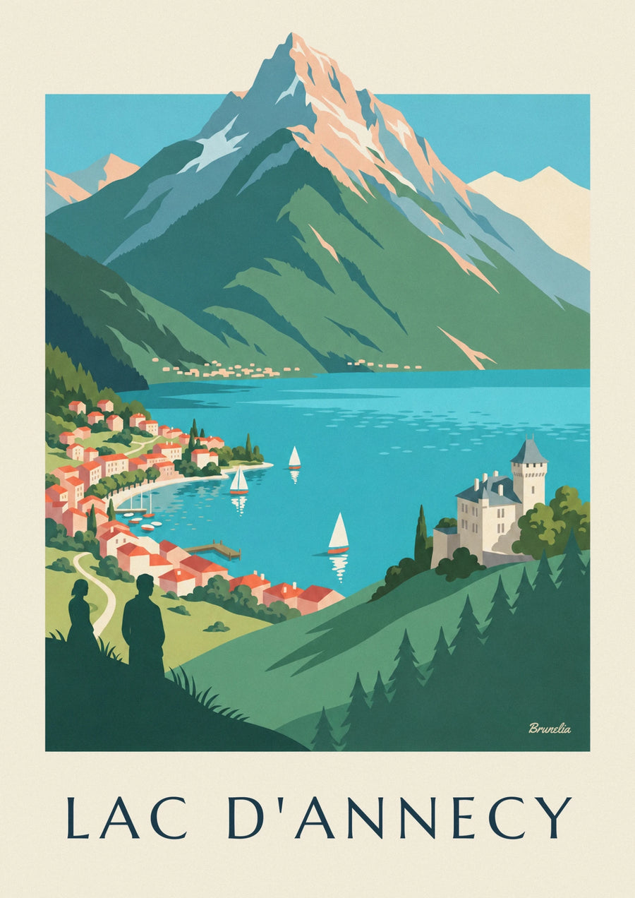 Affiche lac d'Annecy dans les Alpes, voiliers et Tournette