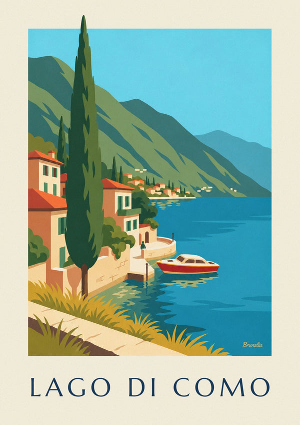 Affiche rives du lac de Côme et bateau en bois