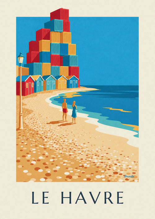 Affiche cabines de plage et arche de conteneurs du Havre : l'affiche entière