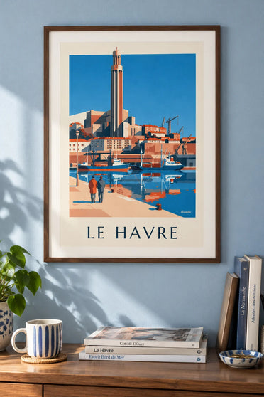 Affiche église Saint-Joseph et port du Havre : encadrée au mur