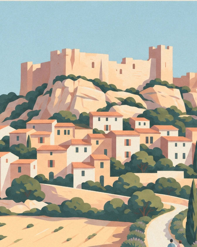 Le château en ruine sur son rocher et les maisons aux toits orange du village