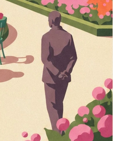 Un promeneur en costume sombre, les mains croisées dans le dos, près des fleurs roses