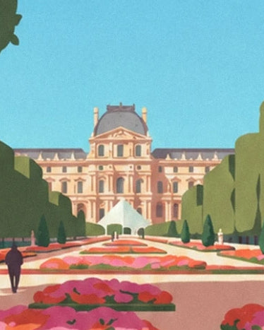 Le Louvre et sa pyramide derrière les parterres roses et rouges du jardin des Tuileries