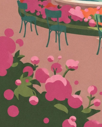Les fleurs roses au bord de l’allée et les chaises vertes autour du bassin des Tuileries