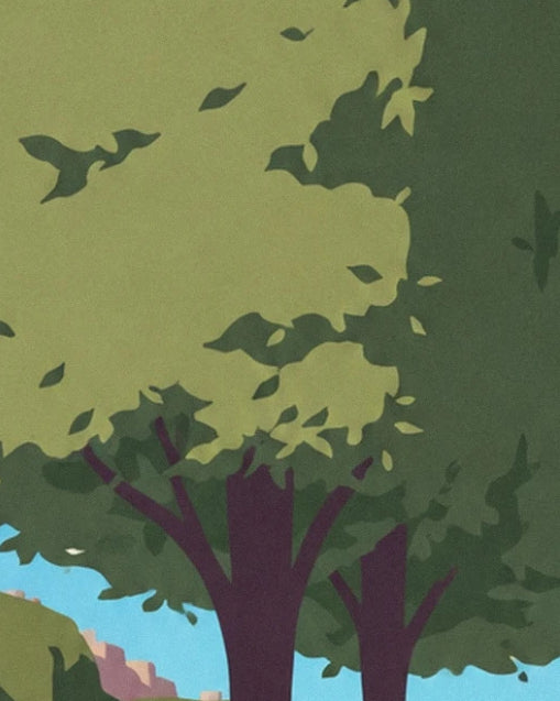Les troncs violets et les feuillages vert olive des arbres, sur quelques percées de ciel bleu