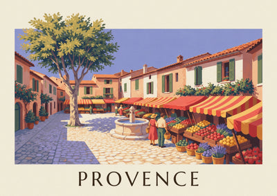 Affiche marché provençal avec étals de fruits et légumes : l'affiche entière