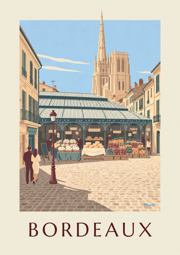 Affisch med Capucins-marknaden i Bordeaux och Saint-Michel-spiran