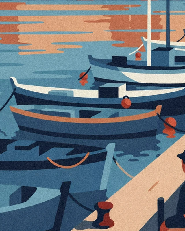 Les barques bleues et blanches à bouées rouges, amarrées au bord du quai