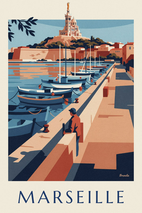 Affiche Notre-Dame de la Garde et barques du quai du Vieux-Port de Marseille