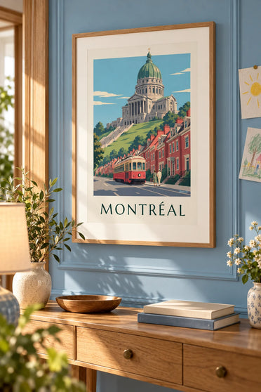 Affiche tramway rouge montant vers l'oratoire Saint-Joseph : encadrée au mur