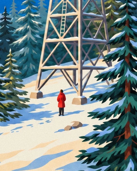 Un personnage en manteau rouge au pied du pylône, parmi les sapins enneigés