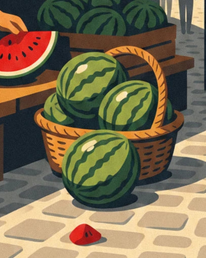 Le panier tressé rempli de pastèques et le morceau rouge sur les pavés du marché