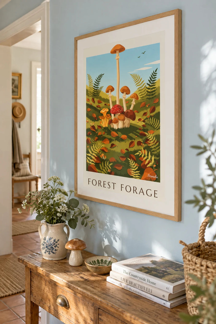 Affiche planche naturaliste de champignons des sous-bois : encadrée au mur